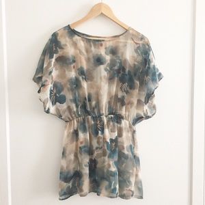 Tramp Semi-Sheer Flowy Patterned Top - Tan Cream Teal Blue - Small